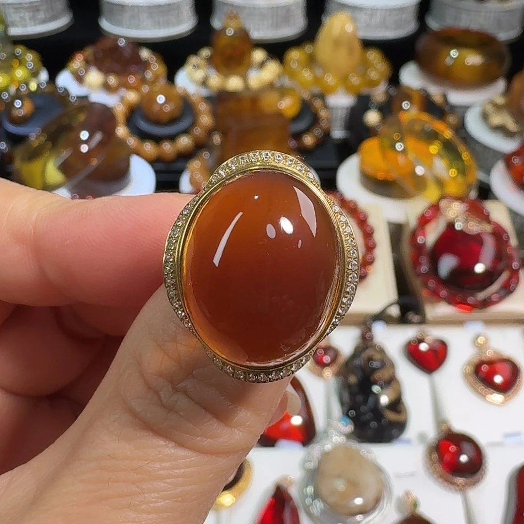 琥珀银S925镶嵌裸石天然缅甸血红茶戒指