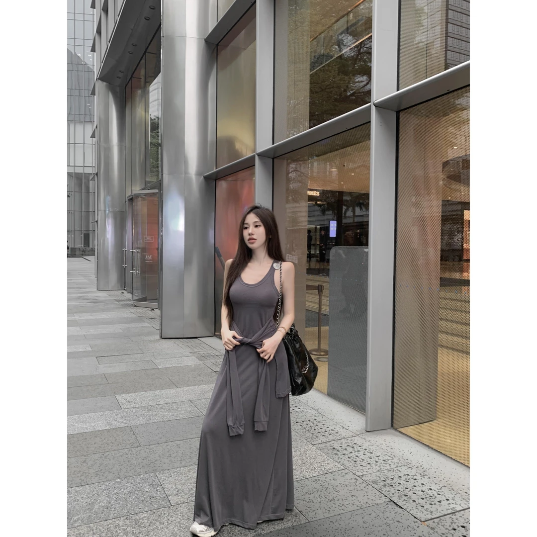 实拍 假两件绑带灰色背心连衣裙女夏气质休闲小众无袖收腰长裙子