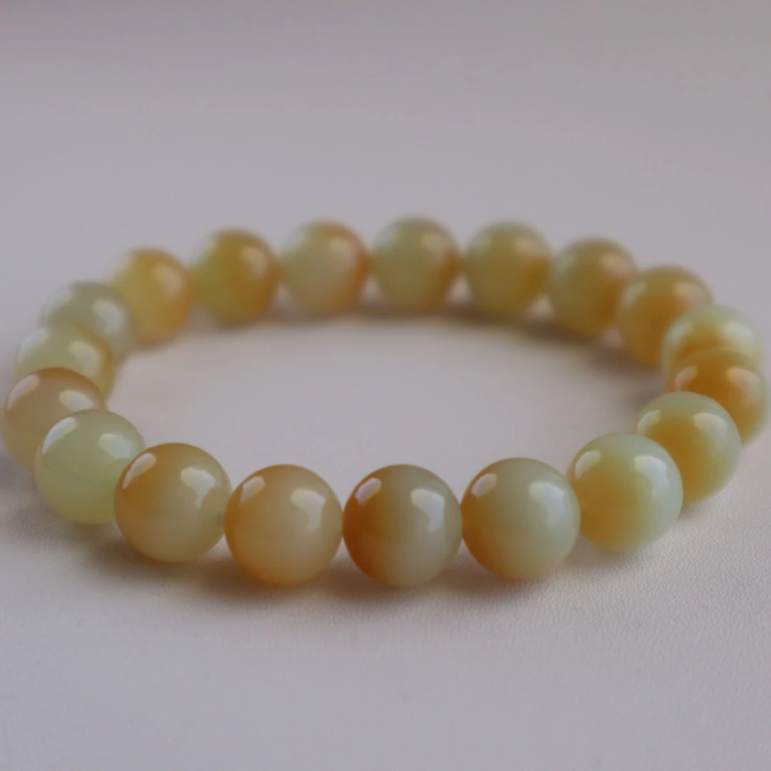 天然和田玉新疆且末糖白玉半糖圆珠10mm手链素单圈手串精品@0049