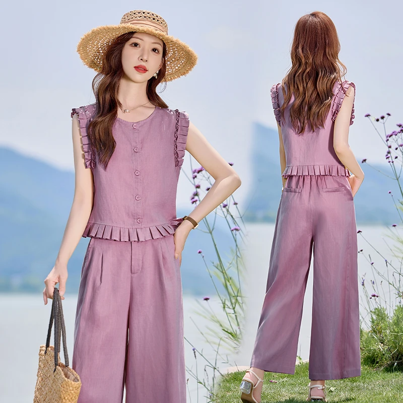 韩系气质木耳花边拼接套装女2025年夏季新款洋气减龄阔腿裤两件套