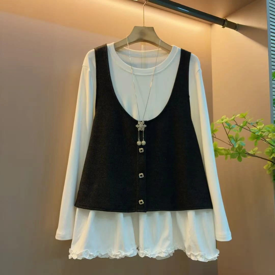 新款简约气质减龄洋气宽松马甲显瘦遮肉百搭两件套（长69左右）