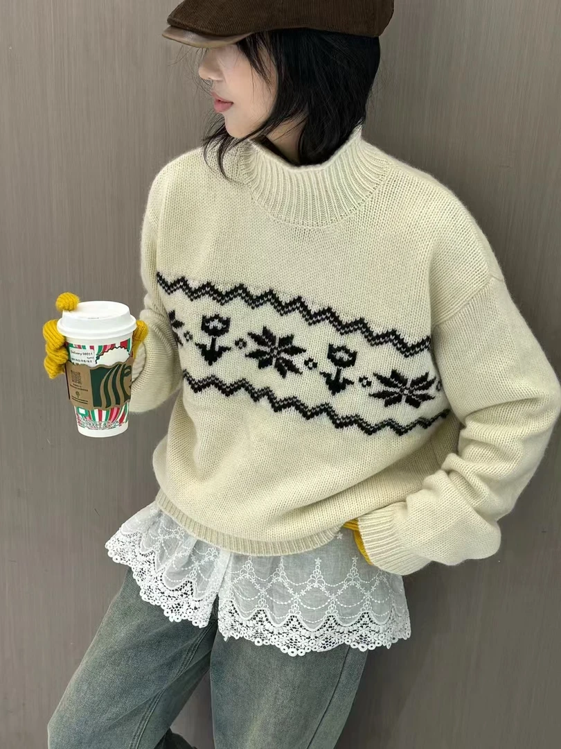 小韩姐【费尔岛提花毛衣】736网红针织休闲复古上衣圆领百搭时尚