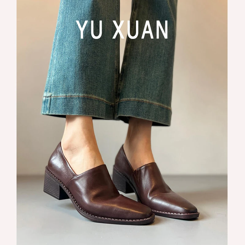 牛皮版~酷帅御姐风气质小皮鞋女个性百搭方头粗跟一脚蹬乐福单鞋