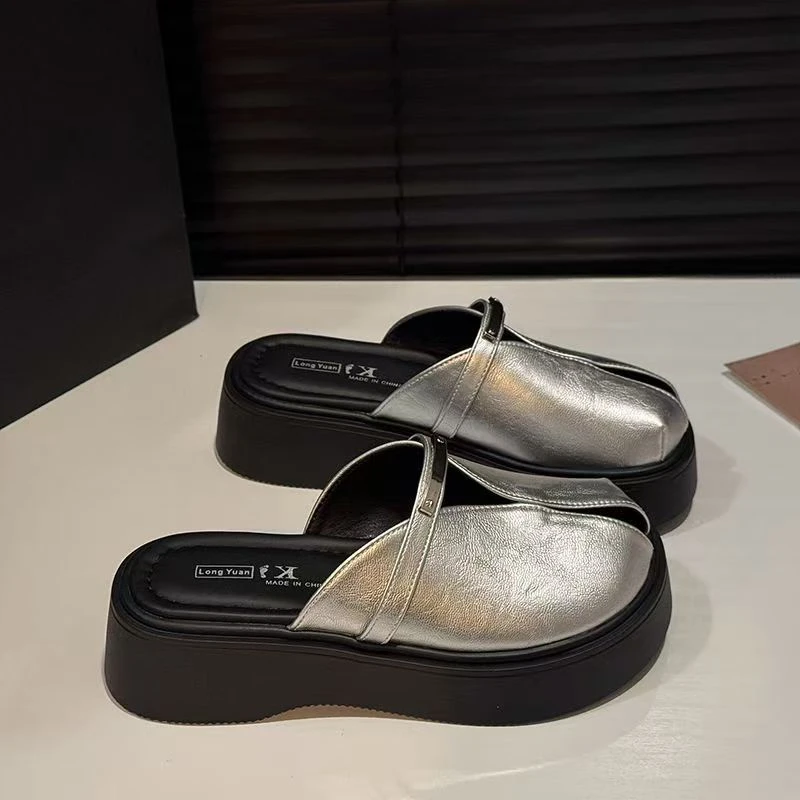 平底半包头拖鞋女2025新款外穿夏时尚小众设计感一脚蹬软底鱼嘴鞋