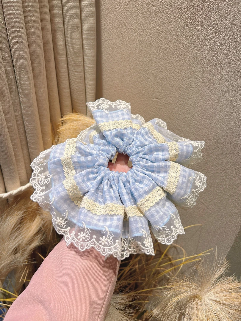 2025新款大肠发圈蓝色格子清新蕾丝边扎头发丸子头马尾发绳气质