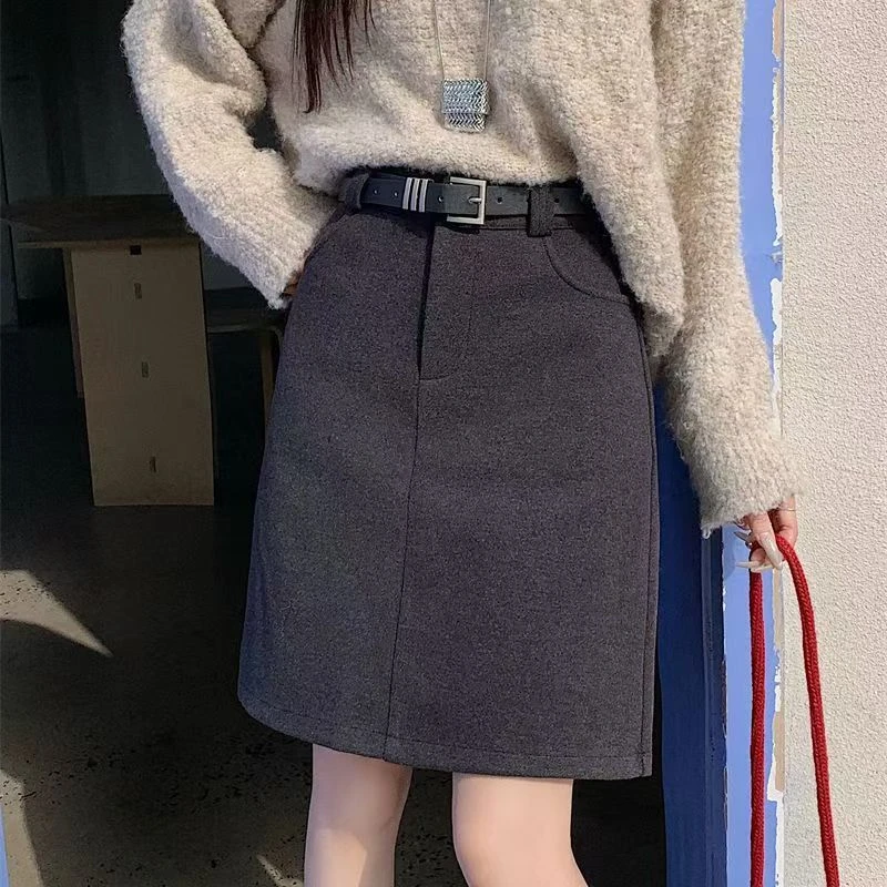 毛呢口袋半身裙秋冬新款大码遮肚高腰显瘦梨形a字裙加厚短款女