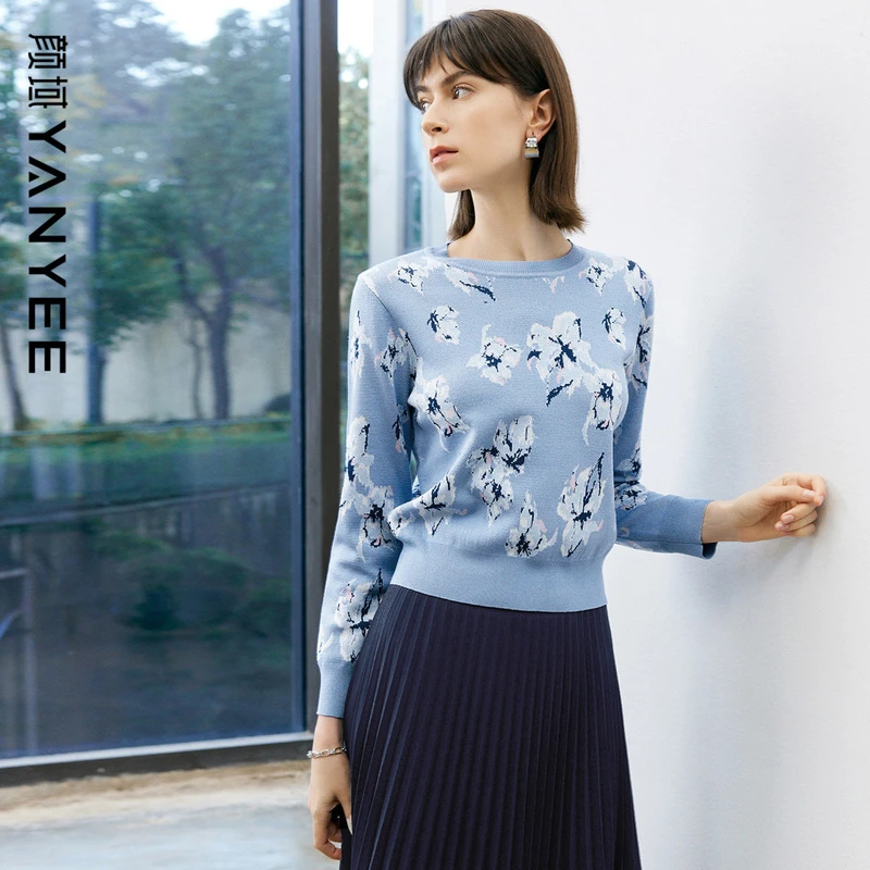 颜域2025新款针织衫白玉兰提花氛围感优雅减龄针织上衣60P411105