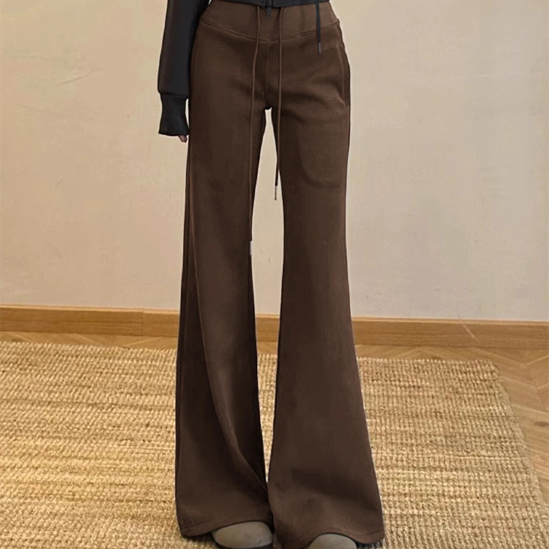 咖色早秋美式微喇裤女款2025春秋季新款休闲宽松显瘦运动喇叭裤子