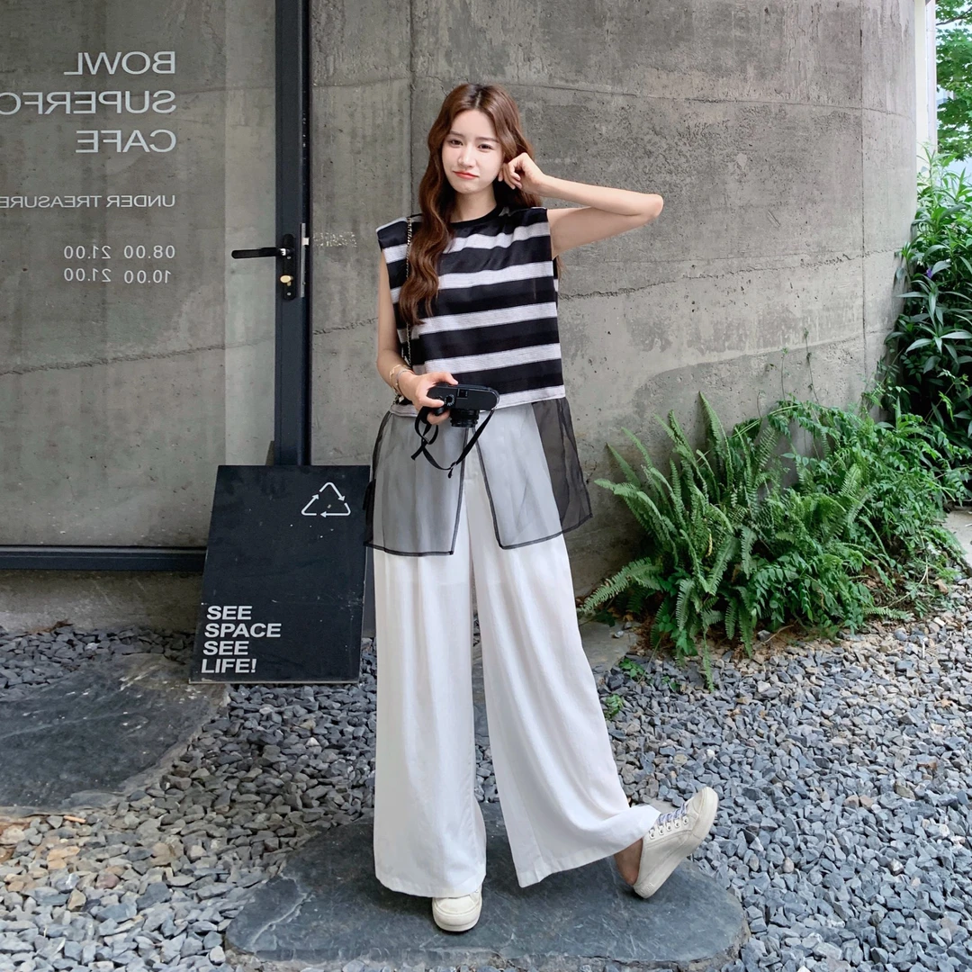 夏季ootd减龄穿搭一整套女2025新款网纱拼接条纹背心阔腿裤两件套