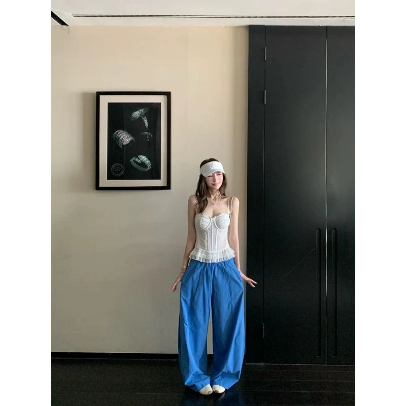 Skk Store 蓝色裤子女呼吸休闲裤夏薄款直筒阔腿宽松慵懒风弯刀裤