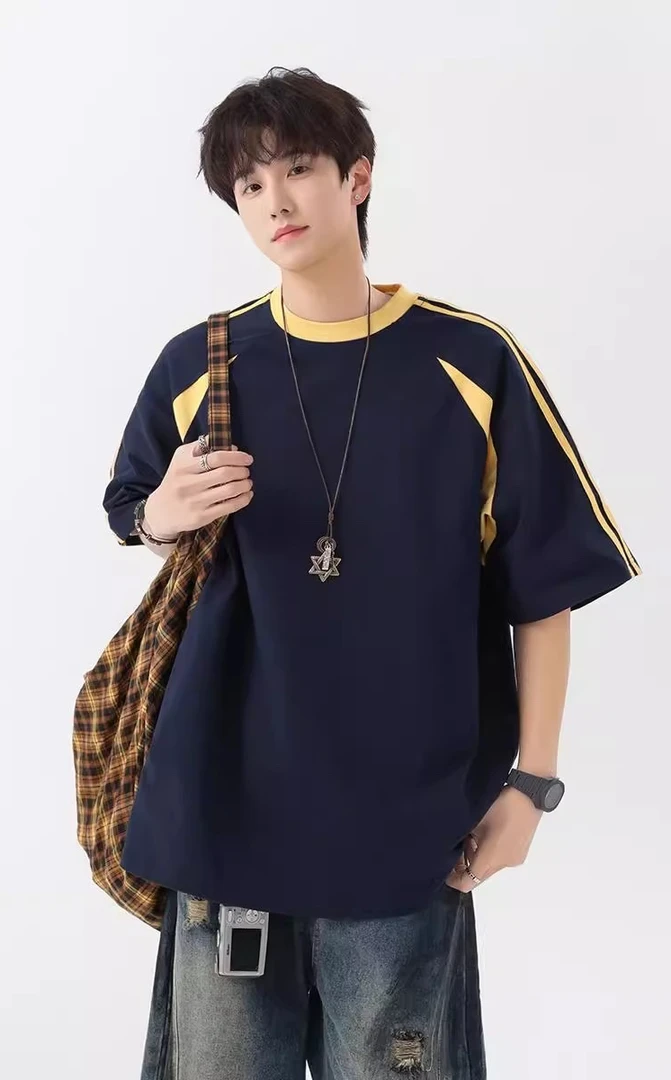 美式休闲短袖T恤男士2025夏季新款撞色拼接技术感宽松五分袖体恤