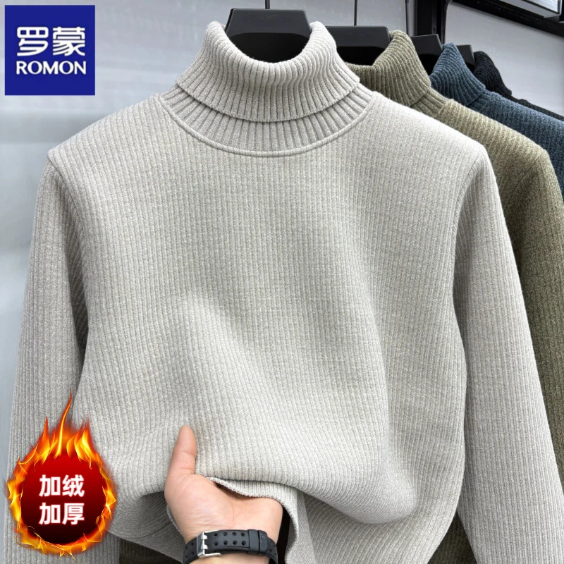 罗蒙秋冬男士高领加绒毛衣手感柔软不起球两翻领保暖毛衣保暖神器