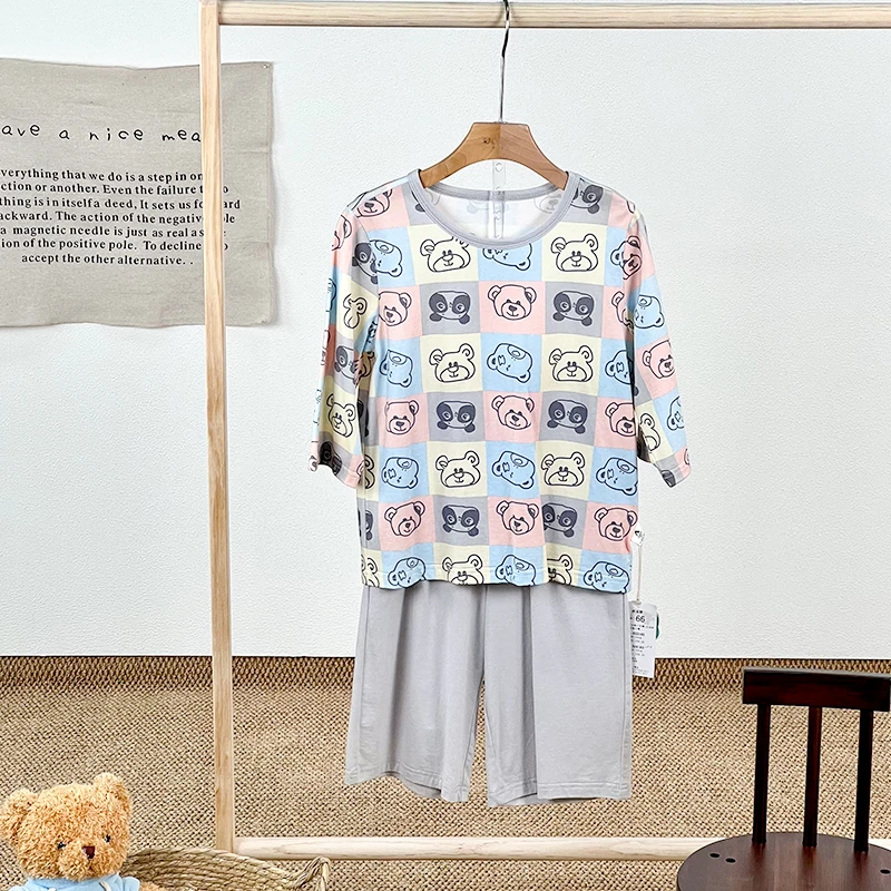 039四格小熊七分袖七分裤套装休闲夏季印花儿童时尚夏装