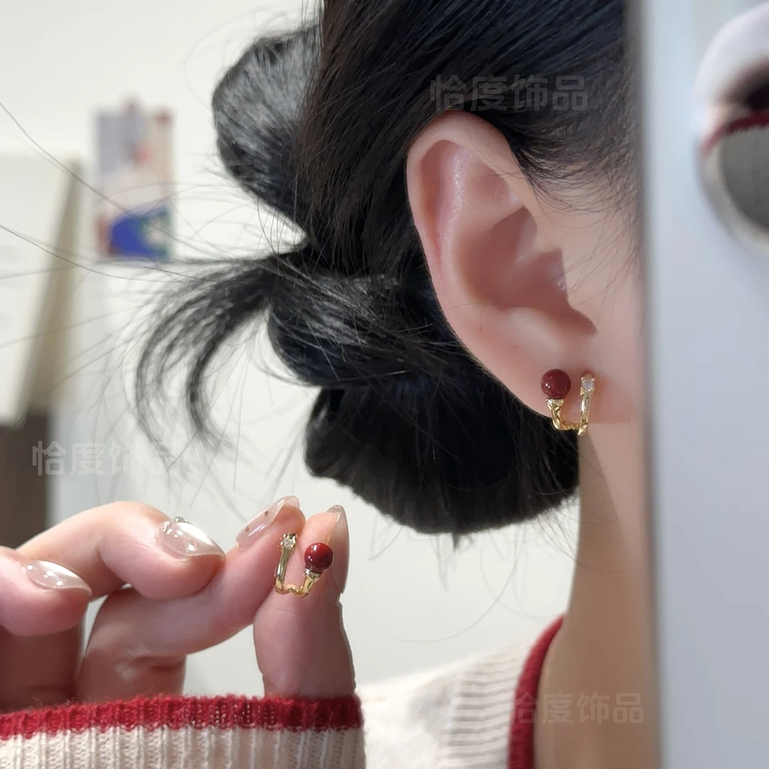 铜合金合成锆石耳饰 【恰度】精致小巧锆石红色珠珠耳钉