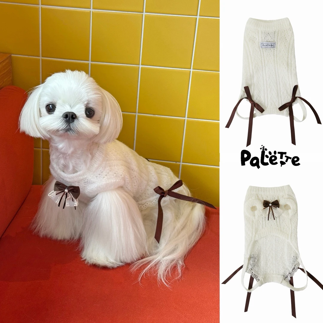 PalettePet秋冬宠物服装狗狗网红奶酥云朵珍珠蝴蝶结无袖挂腿毛衣