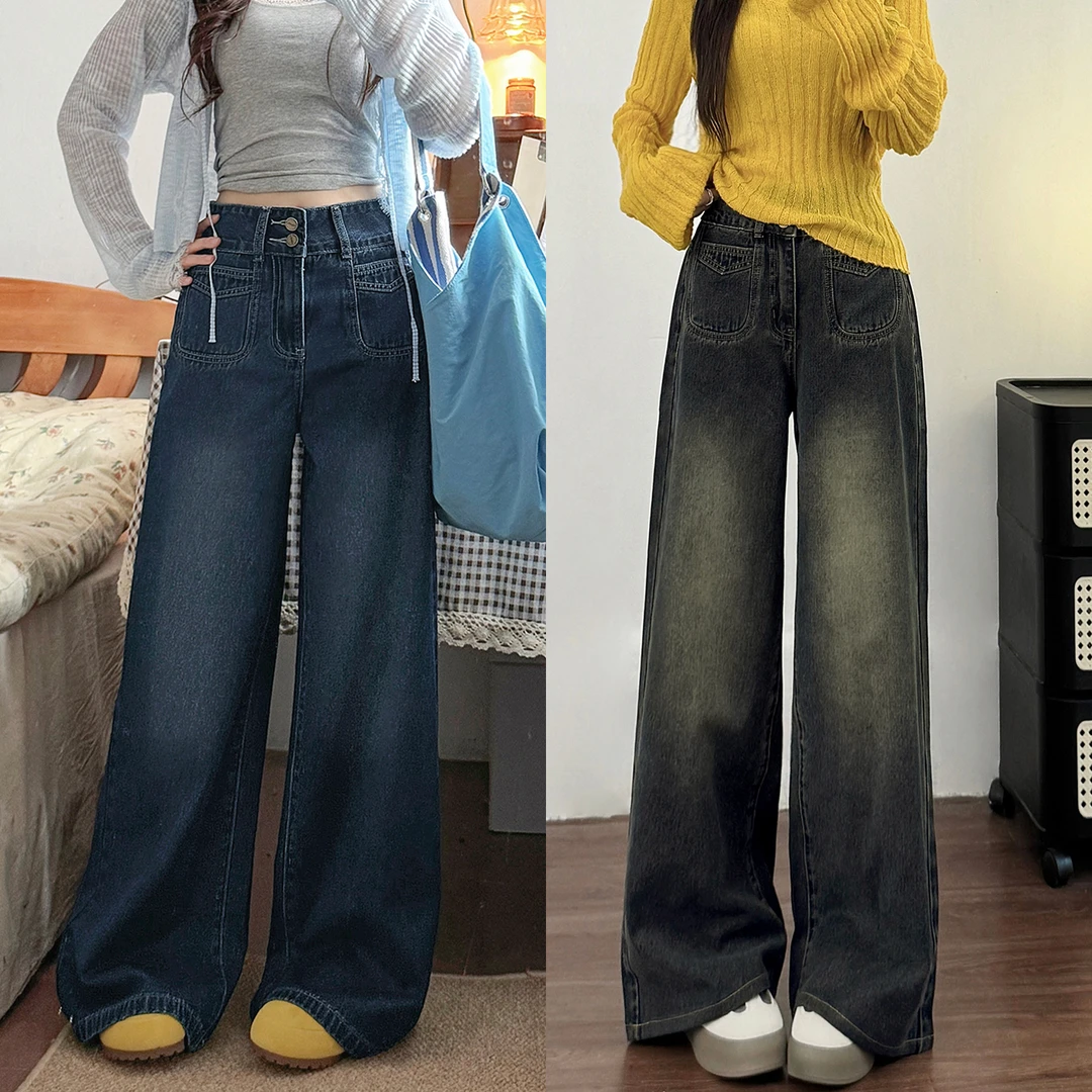 复古蓝阔腿牛仔裤女冬季加绒大码胖mm宽松梨形身材显瘦垂感直筒裤
