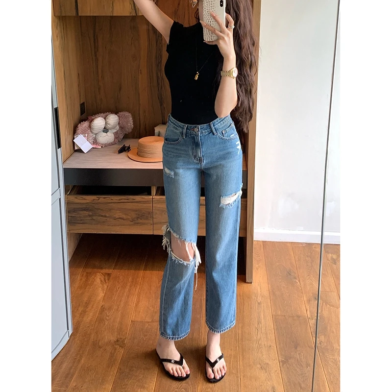 夏季新款窄版破洞薄款直筒牛仔裤女高腰百搭修身显瘦直筒九分裤子