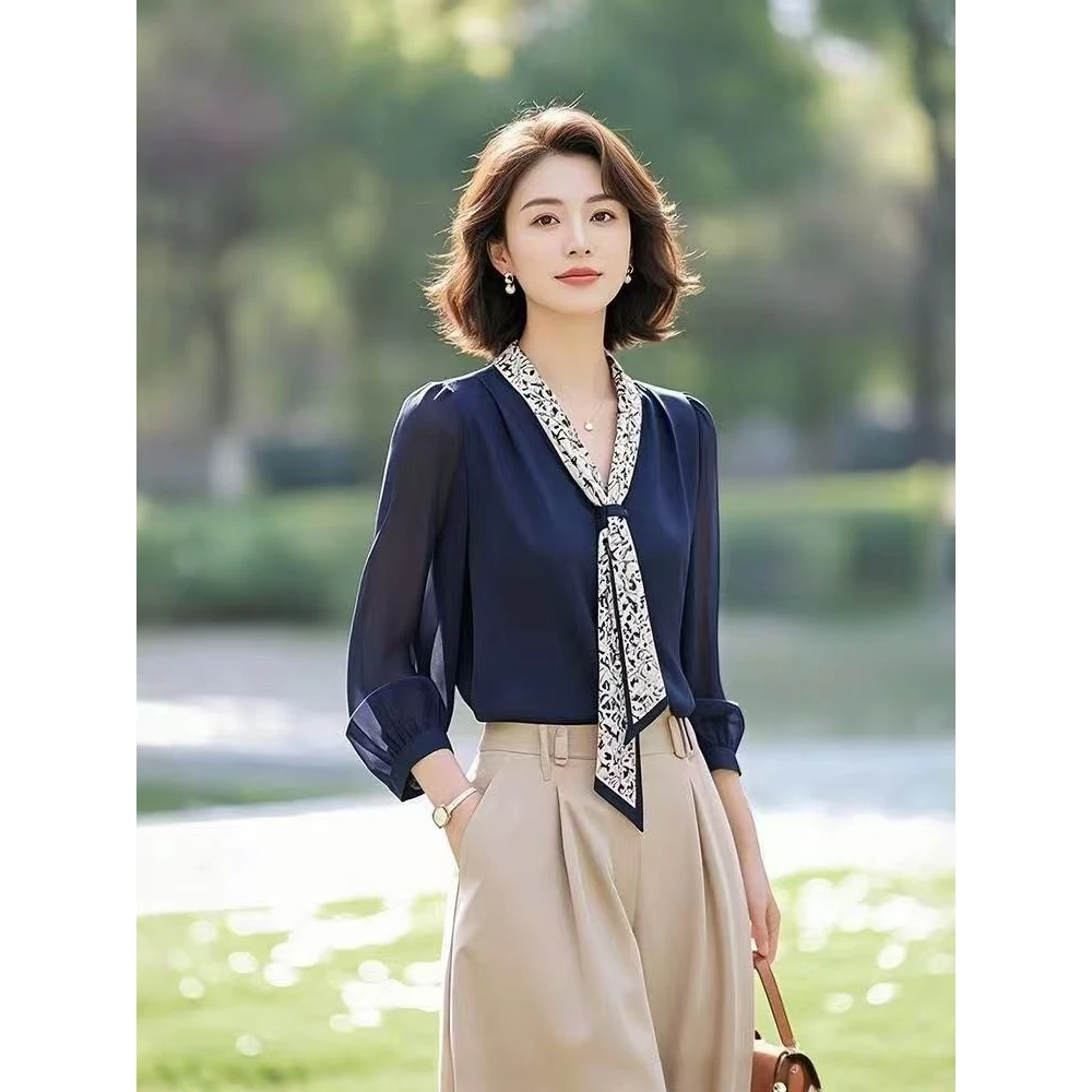 法式高级感上衣超好看独特漂亮洋气小衫飘带藏蓝色长袖衬衫女春季