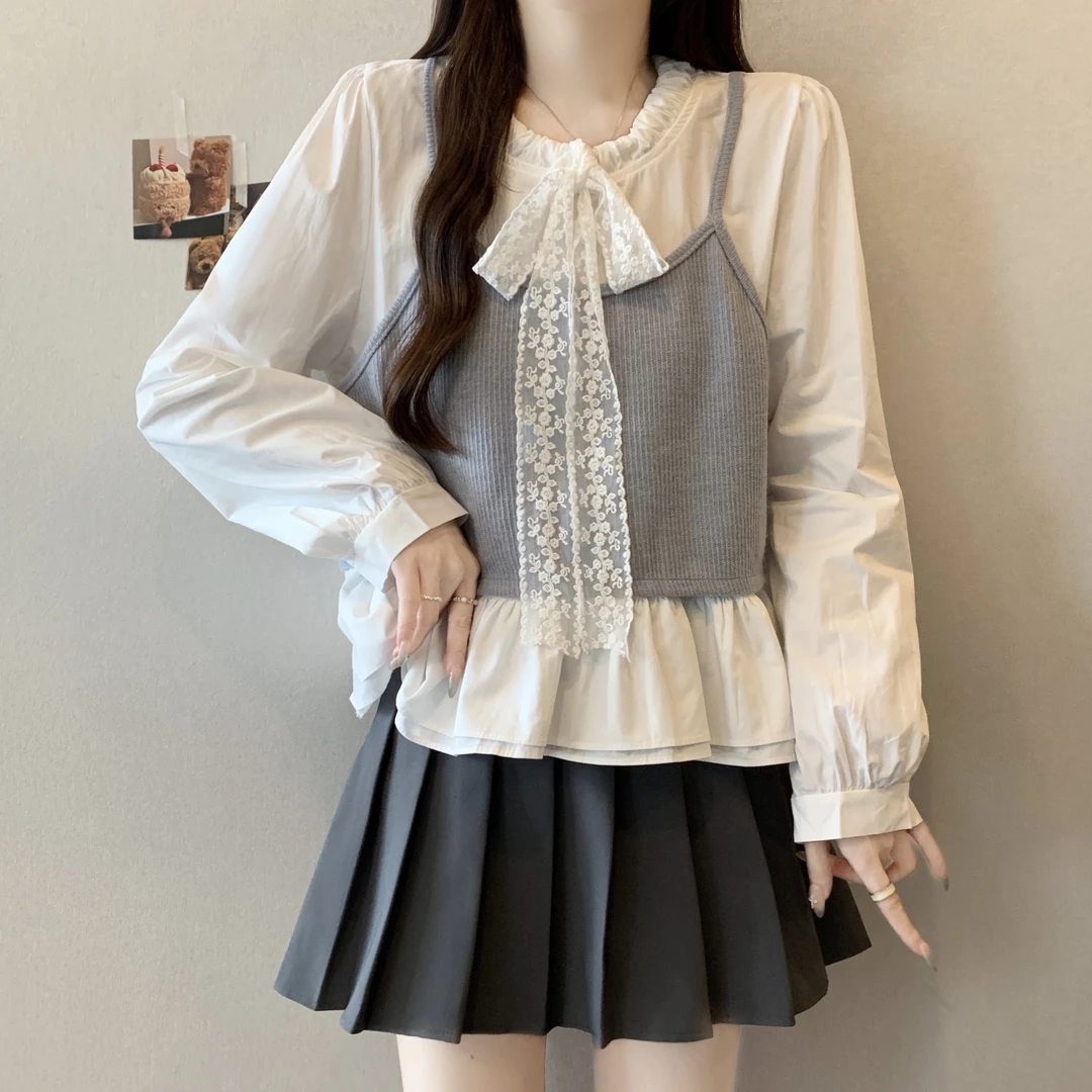 大码胖MM法式甜美拼接假两件长袖衬衫2025秋季新款蝴蝶结上衣8542