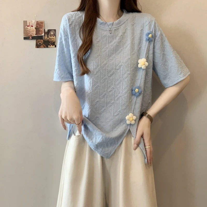 立体花朵设计大码短袖t恤女装夏季新款胖mm遮肚藏肉宽松显瘦上衣