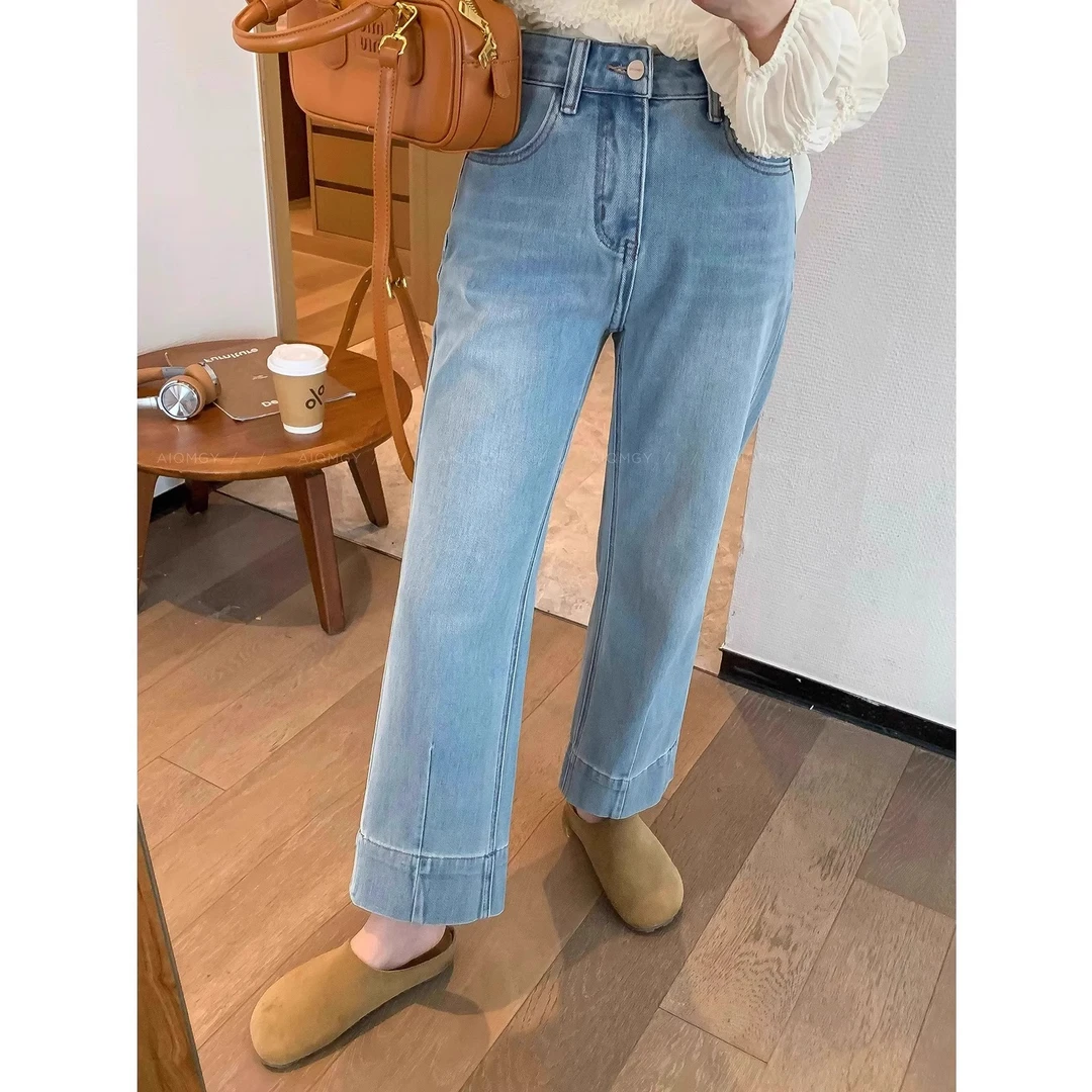 时尚百搭直筒牛仔裤女梨型身材高腰显瘦九分裤小个子6699