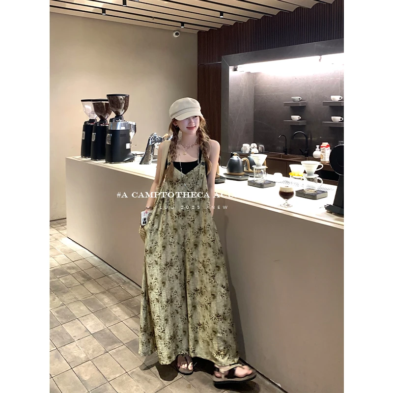 LUU桃喜儿/印花复古宽松休闲裤女夏长款设计感背带裤阔腿小众裤子