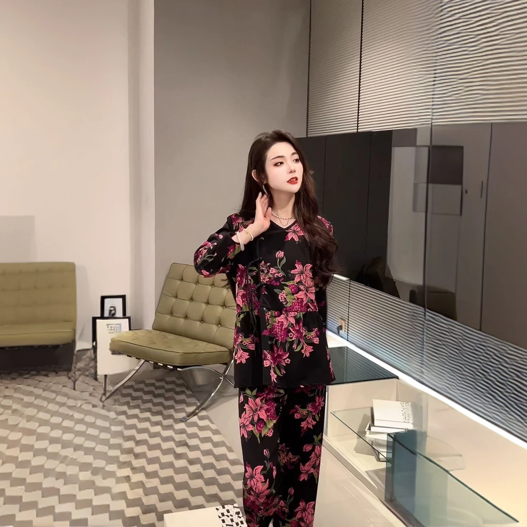 春季新款国风大码休闲时尚女士保暖碎花印花宽松家居服套装8808