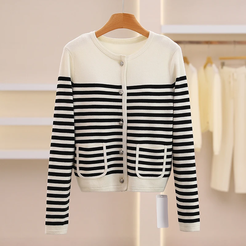 F6690-【香】松弛条纹修身圆领短款针织开衫#WYX58C004