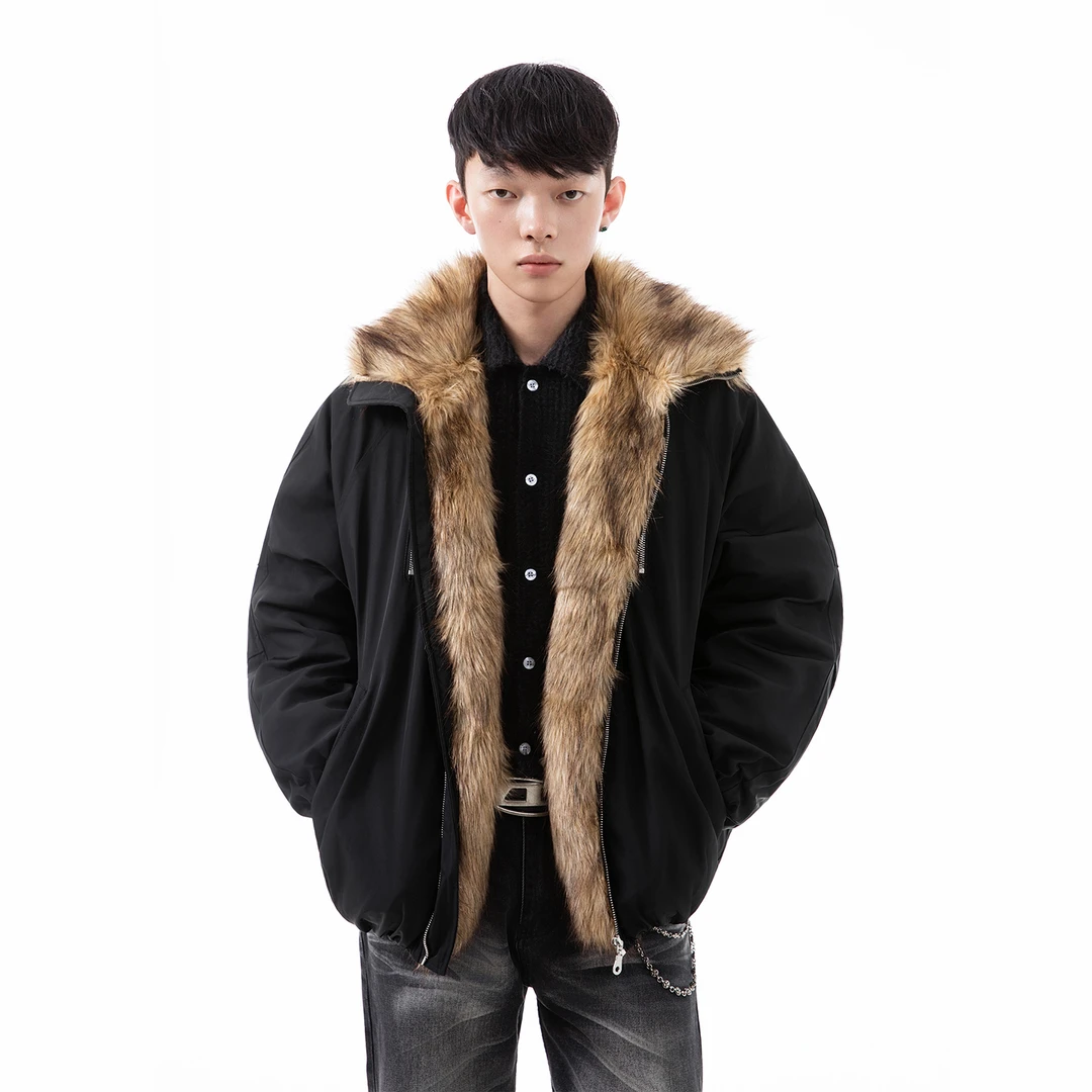 仿貂毛座山雕棉服男款冬季夹棉加厚毛绒翻领外套美式宽松保暖棉衣
