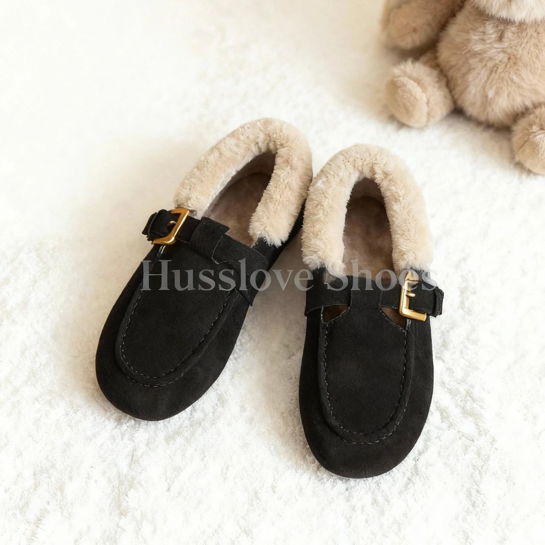 HUSSLOVE 牛翻皮+羊羔毛·跟高3.5CM·圆头勃肯真毛乐福绒里单鞋