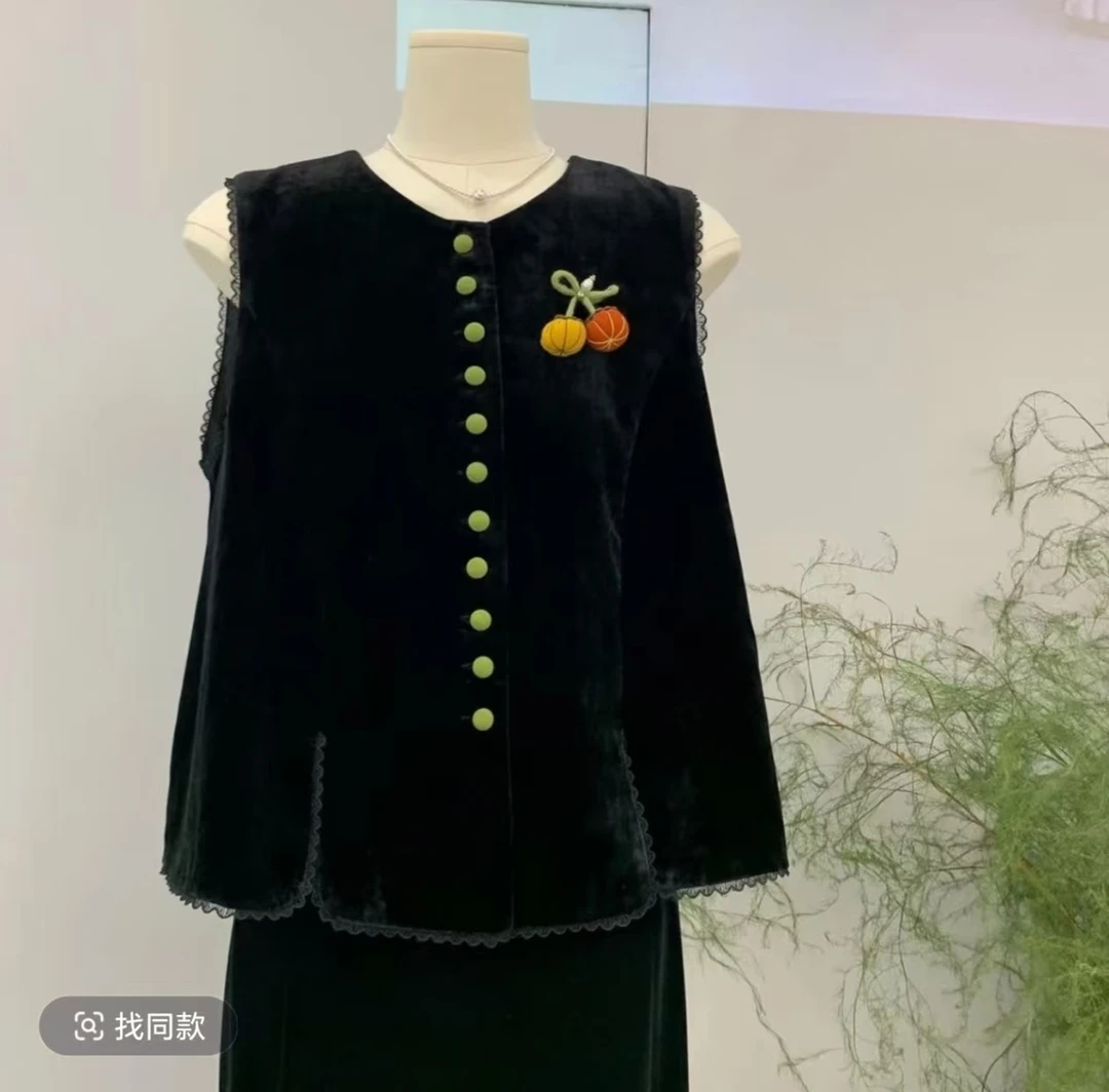 秋季新款小南瓜马甲时尚气质百搭金丝绒蕾丝花边马甲