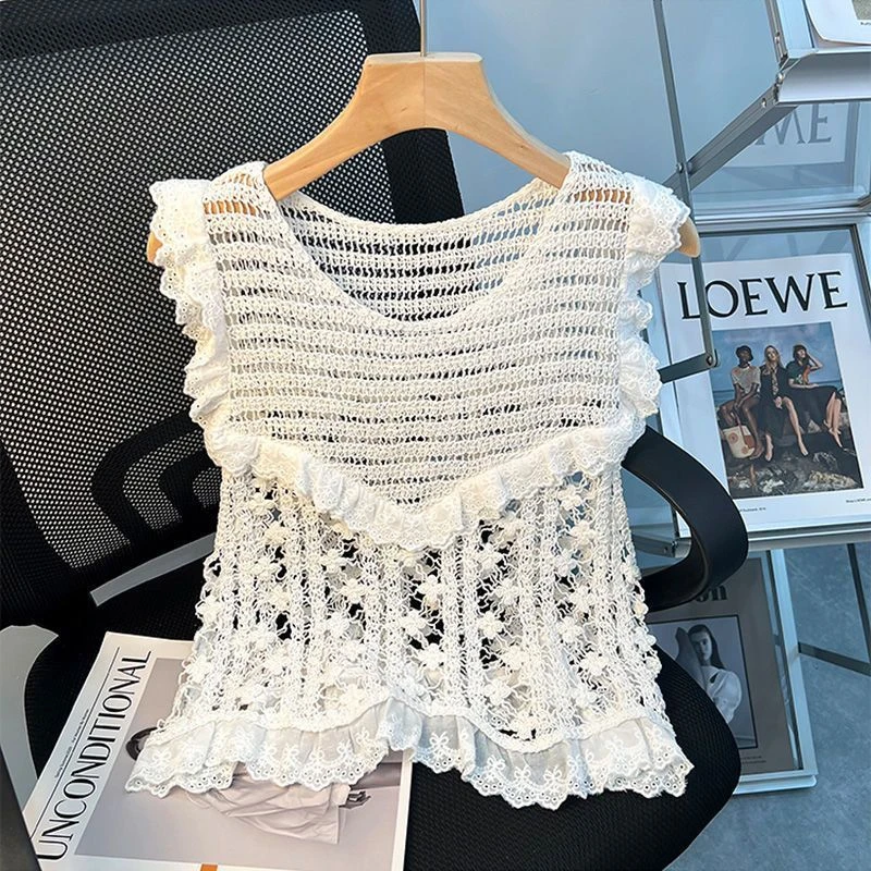 【低温分色洗涤】镂空钩花刺绣针织吊带背心女夏季新款外穿马甲罩衫