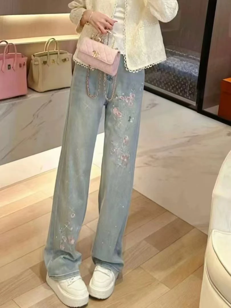 仙女国风花朵刺绣牛仔裤窄管设计显瘦牛仔裤