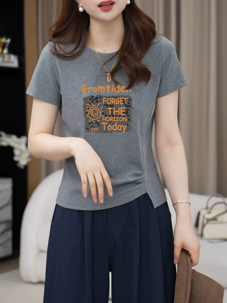 新款灰色修身上衣潮夏季圆领显瘦韩版设计感小C腰侧压褶短袖t恤女