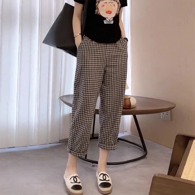 冰丝直筒格子裤女小个子夏薄款八九分梨型身材穿搭哈伦阔腿老爹裤