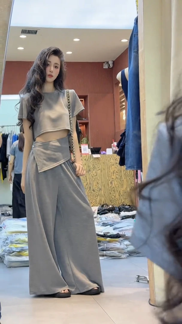 百搭时尚短袖气质显瘦夏季时尚套装阔腿裤休闲风套装设计师休闲裤