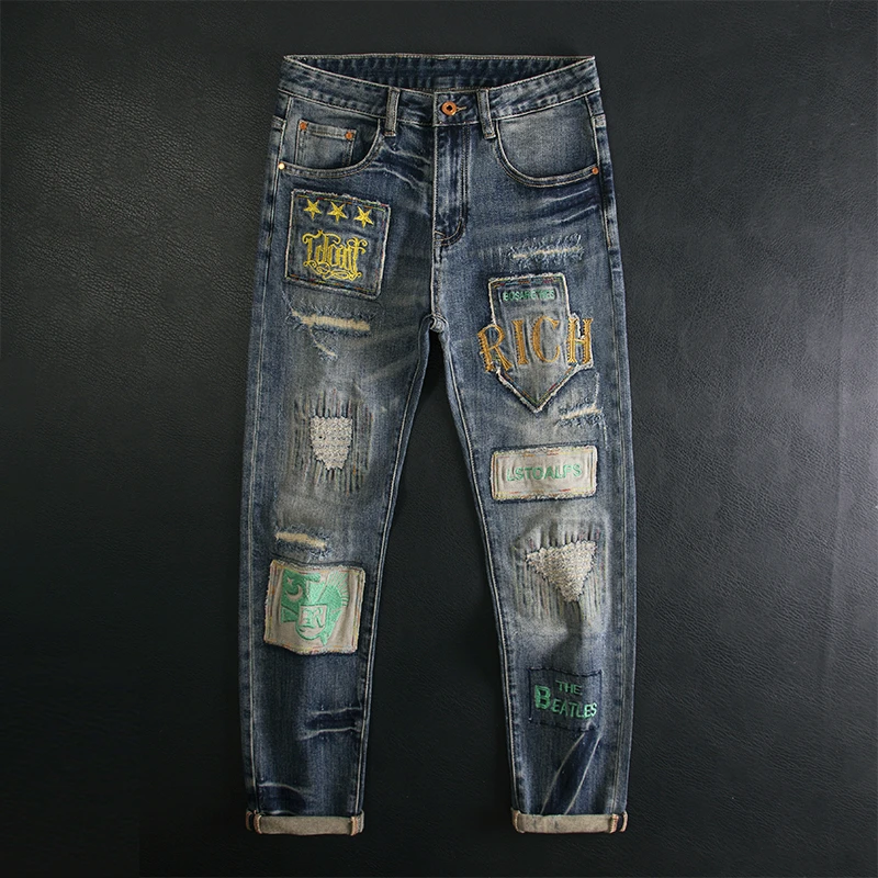 梦泡官方破洞补丁刺绣牛仔裤男士修身1男款黑色直筒宽松牛仔裤