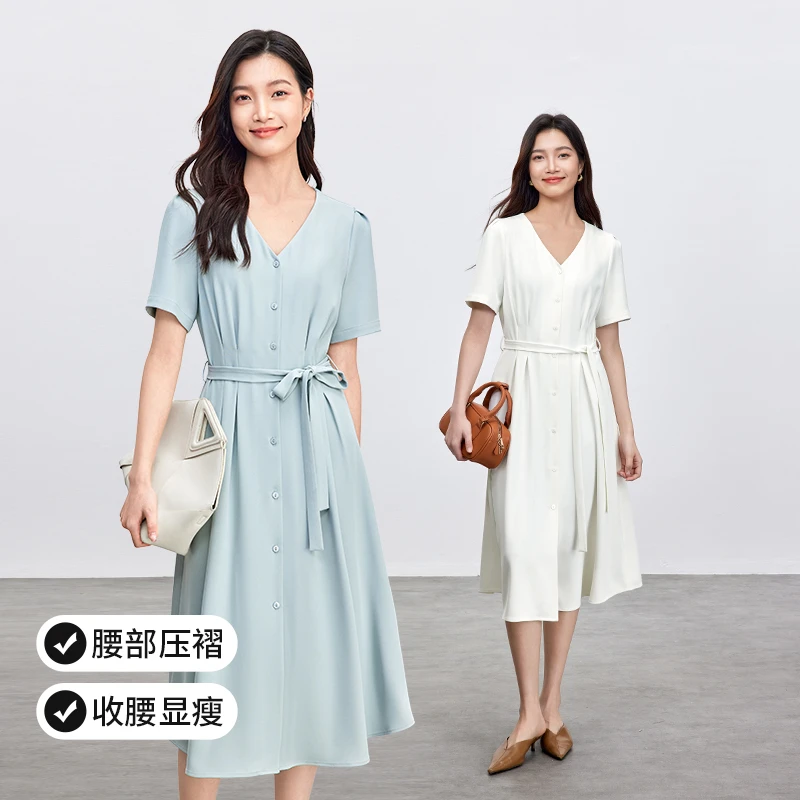 【尚都比拉】气质通勤可拆腰带裙子显瘦压褶设计气质连衣裙59041