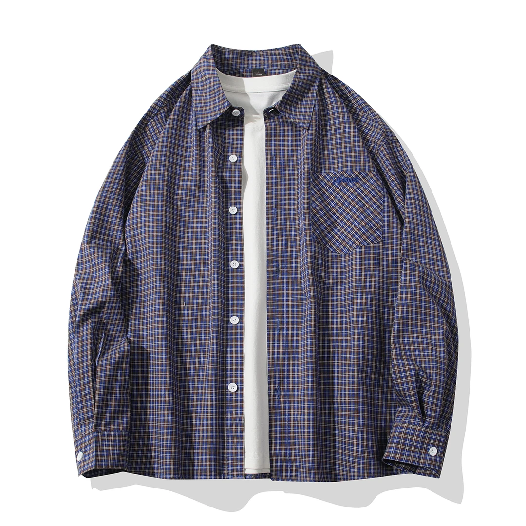 港风复古休闲春秋格子衬衣男长袖日系潮流宽松百搭衬衫高级感外套