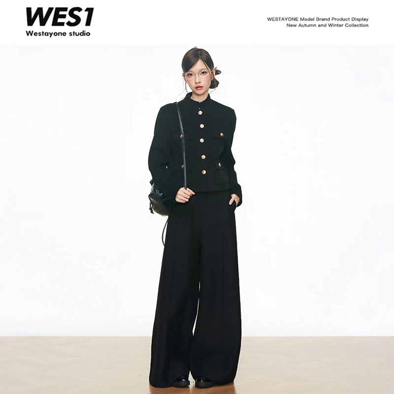 8.12新品 WESTAYONE黑金扣韩系通勤短外套小个子+黑色休闲阔腿裤