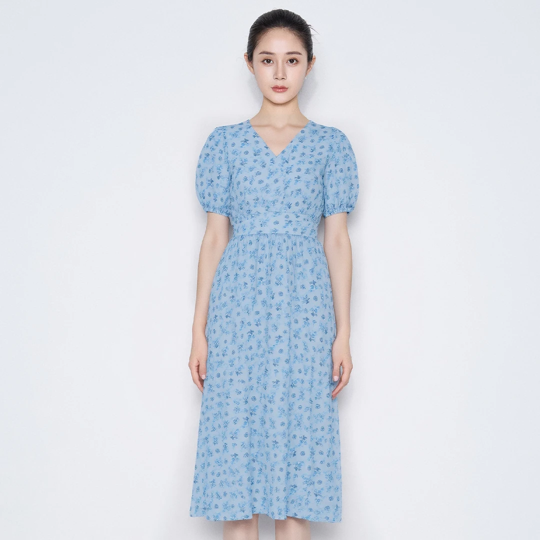 【盈盈专属】夏季优雅修身碎花时尚印花收腰连衣裙VHS880DRX0