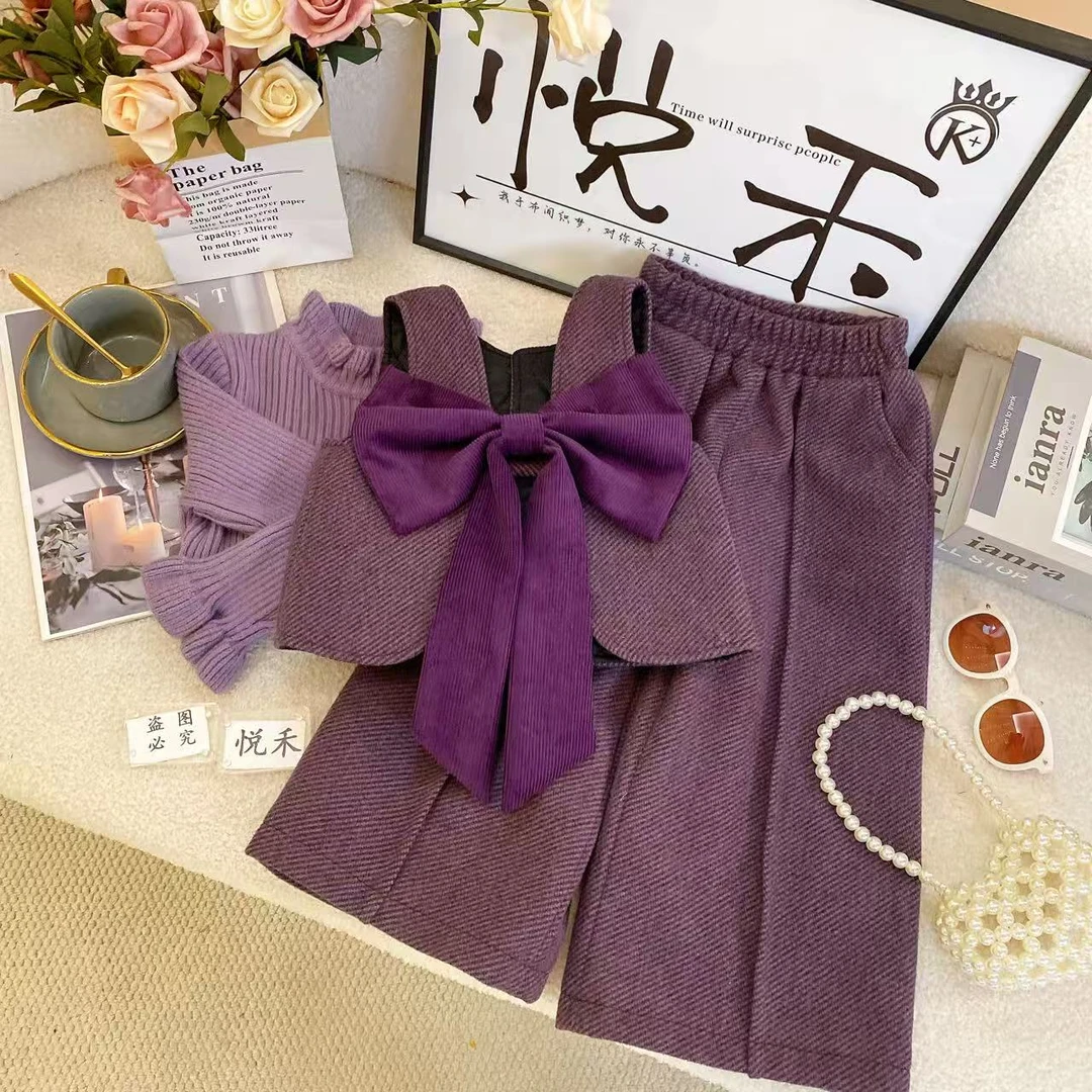 T3【悦禾】儿童萌娃紫色中式冬装阔腿裤秋冬款女童洋气长裤套装6538
