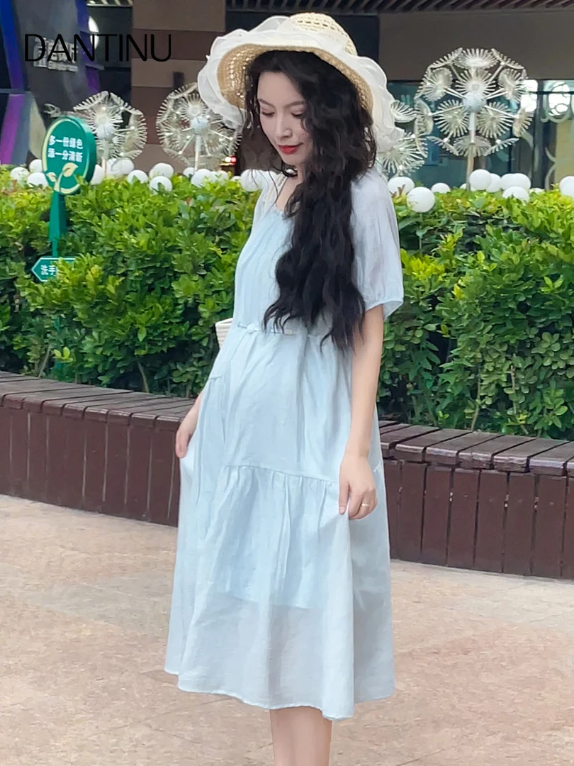 孕妇夏季韩系莱赛尔天丝裙中腰连衣裙薄款女装气质夏装显瘦时尚