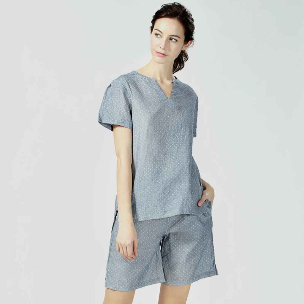 『短袖休闲短裤』夏季纯棉A类套装纱布薄款V领睡衣女家居服简约舒适
