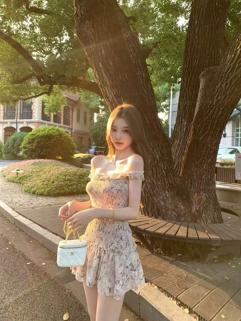 【浪漫花稿】2025夏季新款设计感雪纺绣花连衣裙女气质一字肩短裙女