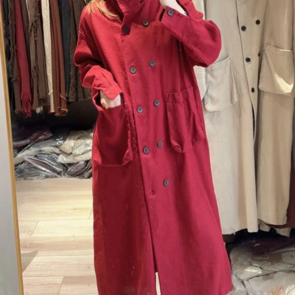 秋冬亚麻立领氛围感长款女士风衣宽松百搭英伦风