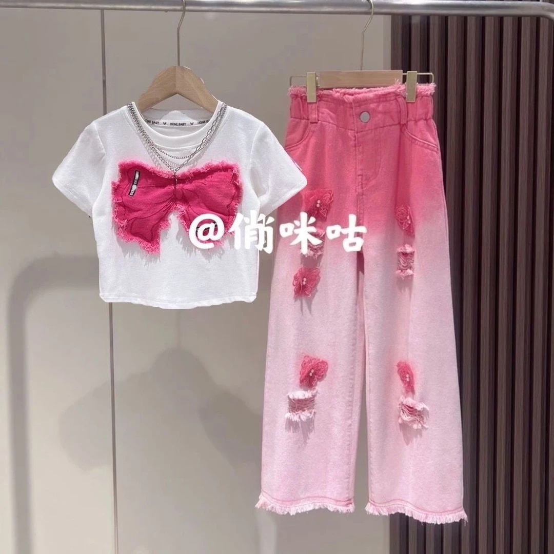 女童夏装套装2025爆款儿童短袖甜酷牛仔裤两件套中大童女孩衣服潮