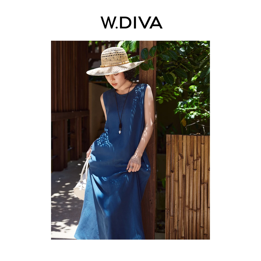 W.Diva【蔚蓝】16姆米电力纺桑蚕丝重砂洗光泽无袖连衣裙52D112294