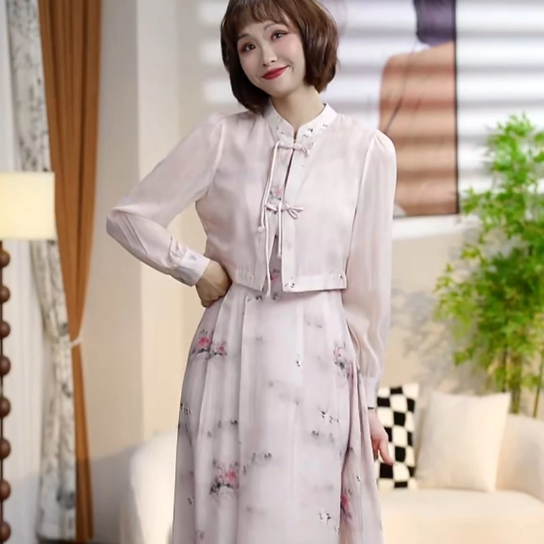T027春秋吊带印花连衣裙国风小外披两件套套裙AT