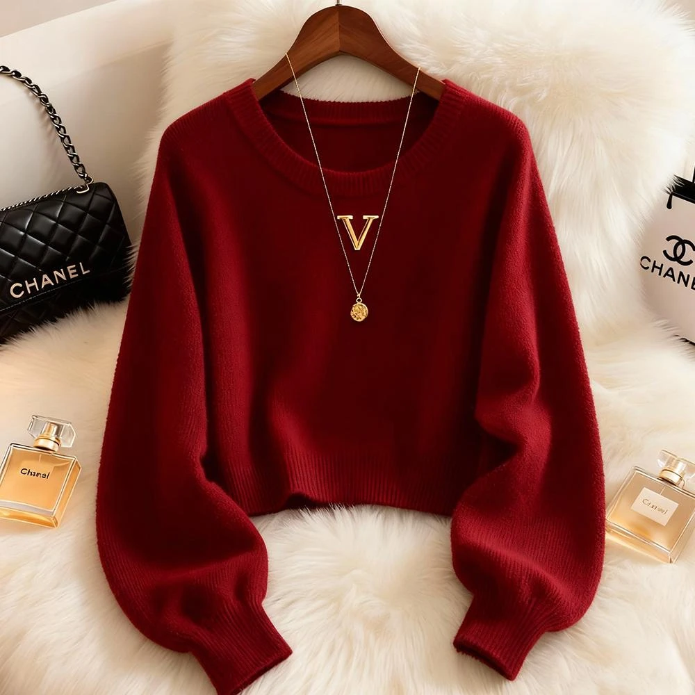 今年流行的时髦小众红色毛针织衫秋冬季厚款宽松减龄时尚气质上衣